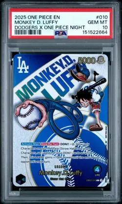 2025 ONE PIECE PROMOS DODGERS X ONE PIECE NIGHT #010 MONKEY D. LUFFY PSA 10 - Image 1