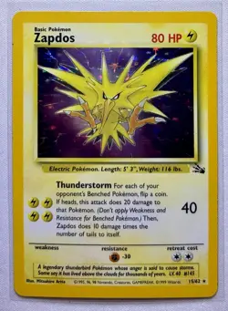 Zapdos 15/62 Fossil Holo Rare Vintage Raw - Pokemon Card TCG - Image 1