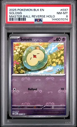 2025 POKEMON BLK EN-BLACK BOLT MASTER BALL REVERSE HOLO #037 SOLOSIS PSA 8 - Image 1