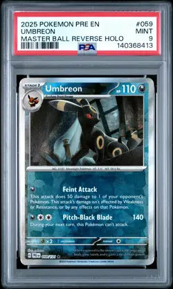 2025 POKEMON PRE EN-PRISMATIC EVOLUTIONS MASTER BALL REVERSE HOLO UMBREON PSA 9 - Image 1