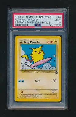 SURFING PIKACHU 2001 POKEMON WOTC BLACK STAR LEAGUE PROMO #28 GRADED PSA 9 MINT - Image 1