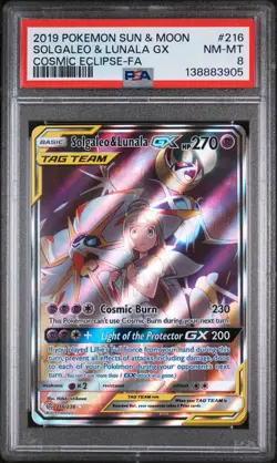 2019 POKEMON SUN & MOON COSMIC ECLIPSE #216 FULL ART/SOLGALEO & LUNALA GX PSA 8 - Image 1