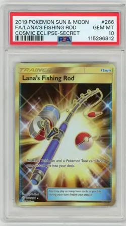 2019 Pokemon Sun & Moon Cosmic Eclipse Lana's Fishing Rod Full Art #266 PSA 10 - Image 1
