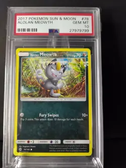 2017 Pokemon Alolan Meowth #78 Sun&Moon Non Holo PSA 10 GEM MINT - Image 1