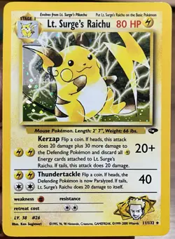 Pokemon Lt. Surge's Raichu 11/132 Gym Challenge Holo Rare 80 HP WOTC Card - Image 1