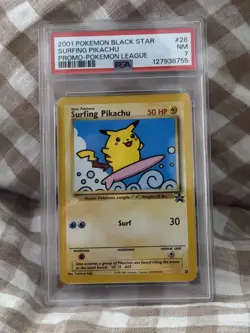 2001 POKEMON PROMO BLACK STAR POKEMON LEAGUE #28 SURFING PIKACHU PSA 7 - Image 1