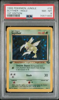 1999 Pokemon Scyther 1st Edition Holo Jungle Rare #10 PSA 8 - Image 1