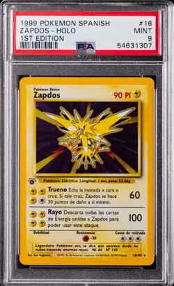 1999 POKEMON SPANISH 1ST ED #16 ZAPDOS-HOLO PSA 9 - Image 1