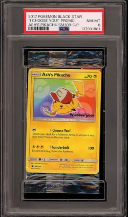 Pokemon 2017 Ash's Pikachu SM108 Black Star Promo I Choose You Sealed PSA 8 - Image 1