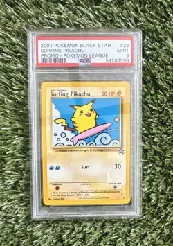 2001 POKEMON PROMO BLACK STAR POKEMON LEAGUE #28 SURFING PIKACHU PSA 9 - Image 1