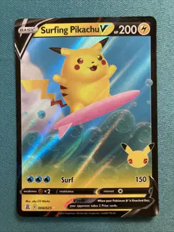 Pokemon TCG Surfing Pikachu v Ultra Rare Celebrations Card 008/025 NM Condition - Image 1