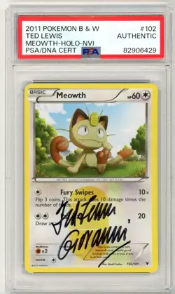PSA Signed Ted Lewis Pokemon TCG Meowth 102/101 Noble Victories Holo Rare - Image 1