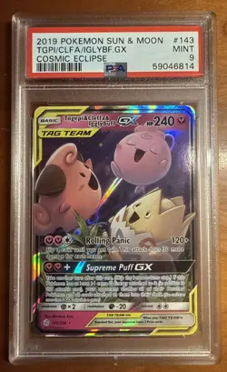 PSA 9 Togepi & Cleffa & Igglybuff GX #143 2019 Pokemon Sun & Moon Cosmic Eclipse - Image 1