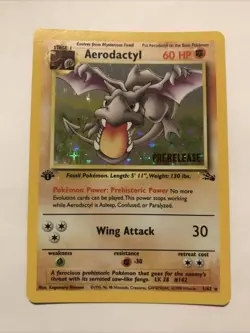 1st Edition Aerodactyl 1/62 PRERELEASE Brown Stamp Fossil Holo 1999 Pokemon Card - Image 1