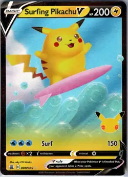 Surfing Pikachu V 008/025 Celebrations - Pokemon Card - NM - Image 1