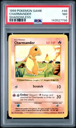 1999 POKEMON BASE SET SHADOWLESS #46 CHARMANDER PSA 7 - Image 1