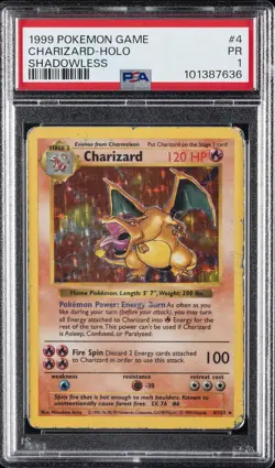 1999 POKEMON BASE SET SHADOWLESS #4 CHARIZARD-HOLO PSA 1 - Image 1