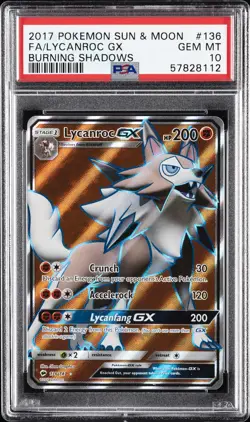 2017 POKEMON SUN & MOON BURNING SHADOWS #136 FULL ART/LYCANROC GX PSA 10 - Image 1