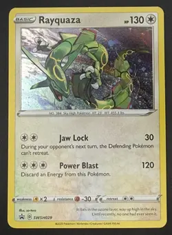 POKEMON RAYQUAZA SWSH029 BLACK PROMO STAR COSMOS HOLOFOIL WITH SWIRL NM CARD - Image 1
