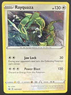 POKEMON RAYQUAZA SWSH029 BLACK PROMO STAR COSMOS HOLOFOIL WITH SWIRL NM CARD - Image 2