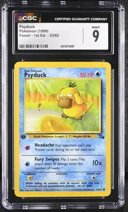 CGC 9 MINT Psyduck 1999 Fossil 1st Edition 53/62 Pokemon Card - Image 1