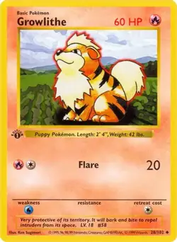 GROWLITHE 28/102 UNCOMMON BASE SET SHADOWLESS POKEMON LP - Image 1