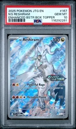 2025 Pokemon JTG EN N’s Reshiram Enhanced Bstr Box Topper #167 PSA 10 GEM MT - Image 1
