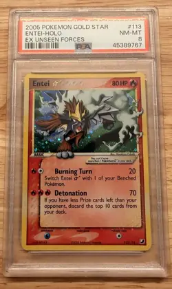 Pokemon Entei Gold Star EX Unseen Forces Holo Ultra Rare #113 PSA 8 - Image 1