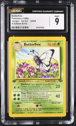 CGC 9 MINT Butterfree 1999 Jungle 1st Edition 33/64 d Edition Error Pokemon Card - Image 1