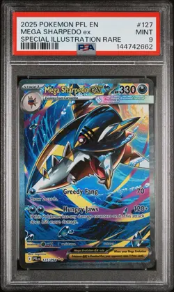 2025 POKEMON PFL SPECIAL ILLUSTRATION RARE #127 MEGA SHARPEDO EX PSA 9 - Image 1