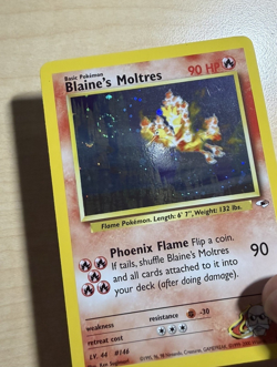 SWIRL Blaine's Moltres 001/132 Gym Heroes Holo NM Pokemon TCG Card - Image 1