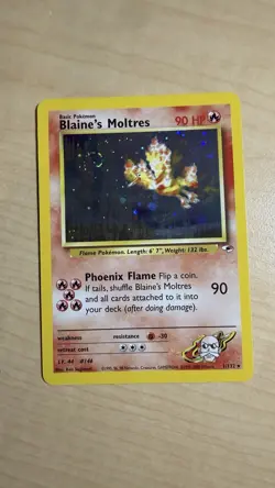 SWIRL Blaine's Moltres 001/132 Gym Heroes Holo NM Pokemon TCG Card - Image 3