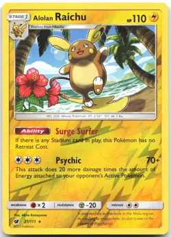 Alolan Raichu 31/111 Holo Rare Crimson Invasion Pokemon Reverse Holo Near Mint - Image 1