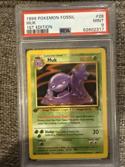 First Edition 1999 Pokemon Fossil 28/62 Muk PSA Mint 9 - Image 1