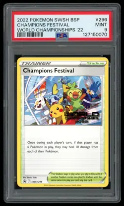 Pokemon Champions Festival Promo SWSH296 Pikachu Worlds 2022 ENGLISH PSA 9 - Image 1