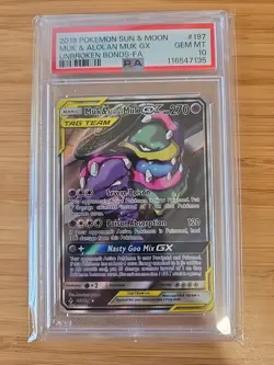 Pokemon Muk & Alolan Muk GX (Full Art) 197/214 Unbroken Bonds Holo PSA 10 GEM MT - Image 1