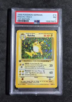 Pokemon Karte Raichu 1. Edition Base Set Holo 14/102 PSA 7 NM Deutsch - Image 1