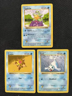 1999 Pokemon Shadowless Lot Squirtle Seel Staryu WOTC Base Set 3 Card Lot - Image 1