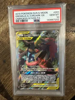 2019 Pokemon Sun & Moon Unbroken Bonds 201 Full Art/Greninja & Zoroark GX PSA 10 - Image 1