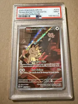 PSA 9 Pokemon - Team Rocket's Meowth 203/182 Sv10: Destined Rivals Holo - Image 1