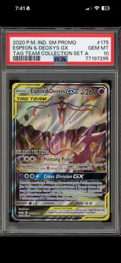 Espeon & Deoxys GX 175/SM-P SM Promo TAG TEAM Holo PSA 10 Pokemon (INDONESIAN) - Image 1
