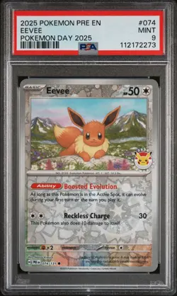 2025 POKEMON PRE EN-PRISMATIC EVOLUTIONS #074 EEVEE POKEMON DAY 2025 PSA 9 - Image 1