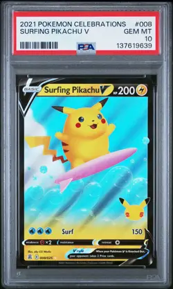 2021 Pokemon Celebrations #008 Surfing Pikachu V - PSA 10 - Image 1