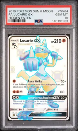 2019 Pokemon Sun & Moon Hidden Fates Lucario GX Fa Hidden Fates PSA 10 #SV64 - Image 1