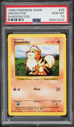 1999 Pokemon Base Set Shadowless Growlithe #28 PSA 10 - Image 1