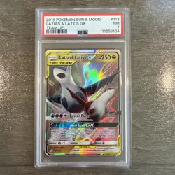 2019 POKEMON SUN & MOON TEAM UP #113 LATIAS & LATIOS GX PSA 7 - Image 1