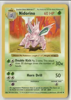 1999 Pokemon Classic - Base Set Vintage Shadowless Non-Holo Nidorino #37/102 - Image 1