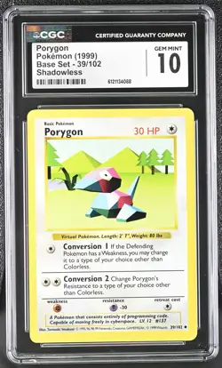 CGC 10 GEM MINT Porygon 1999 Base Set 39/102 Shadowless Pokemon Card - Image 1