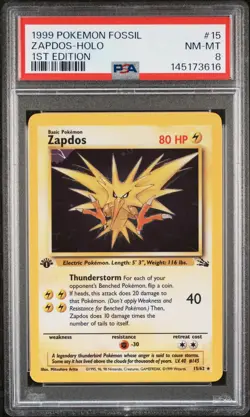 1999 POKEMON FOSSIL 1ST EDITION #15 ZAPDOS-HOLO PSA 8 - Image 1