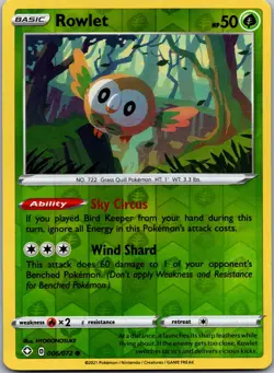 Rowlet 006/072 - Shining Fates Pokemon NM Reverse Holofoil - Image 1